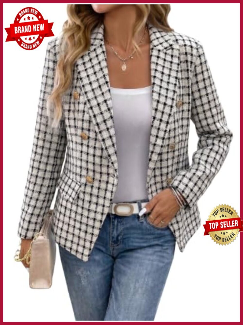 Tweed Plaid Double-Breasted Blazer Notch Lapel Business Casual